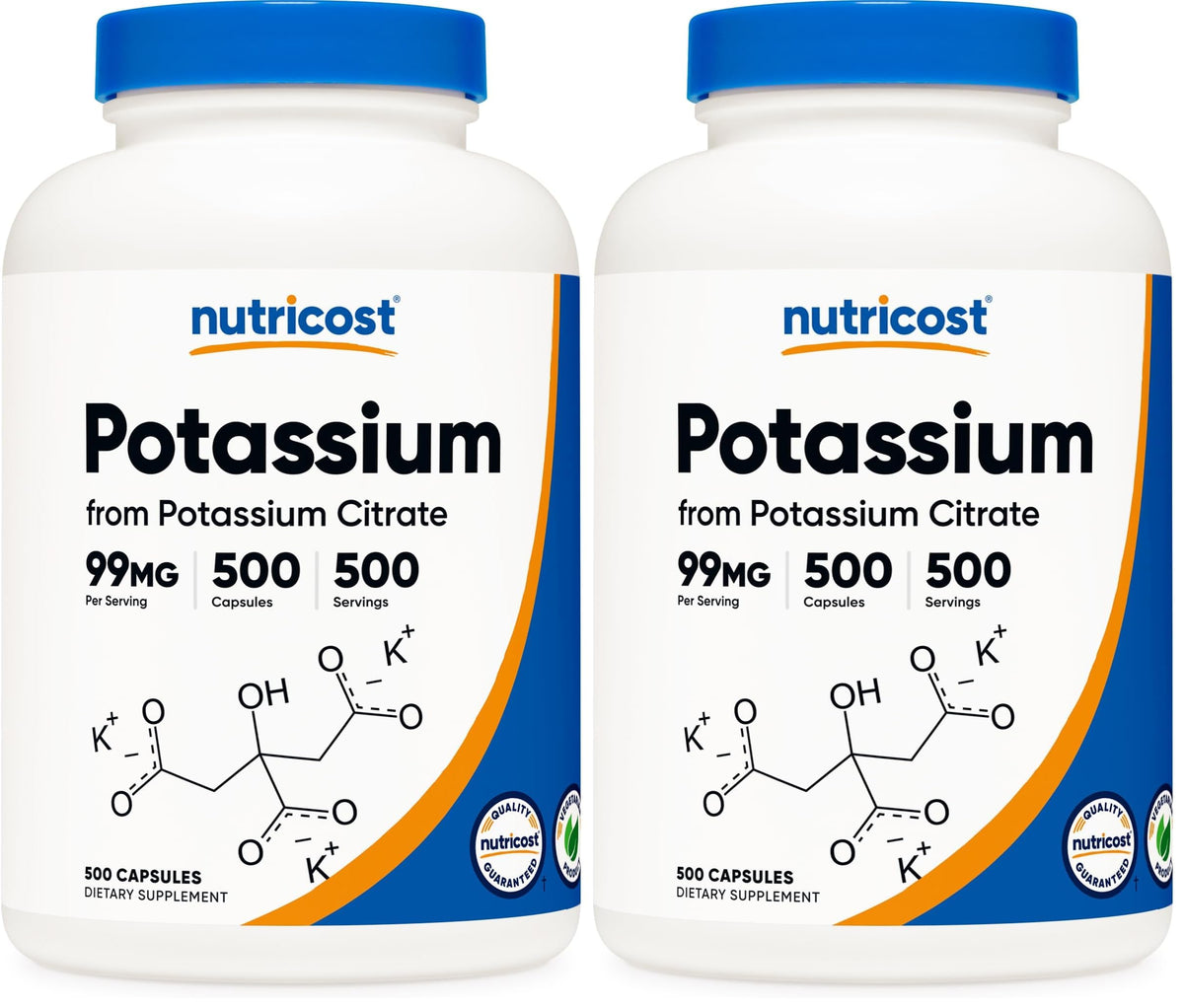 Nutricost Potassium Citrate bottle label showing 99 mg per capsule for daily potassium intake
