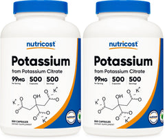 Nutricost Potassium Citrate bottle label showing 99 mg per capsule for daily potassium intake