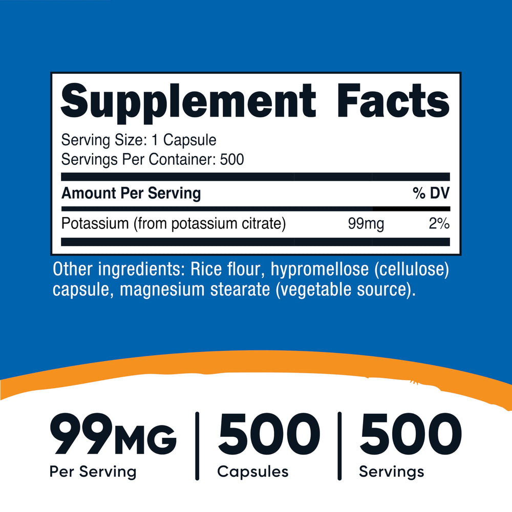Nutricost Potassium Citrate capsules close-up; compact and easy to swallow