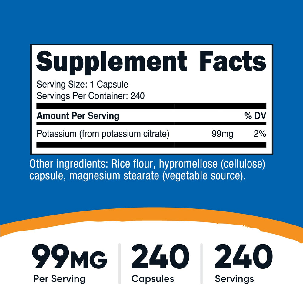 Nutricost Potassium Citrate capsules close-up highlights the small, easy-to-swallow design.