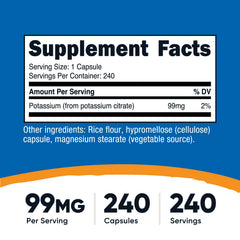 Nutricost Potassium Citrate capsules close-up highlights the small, easy-to-swallow design.