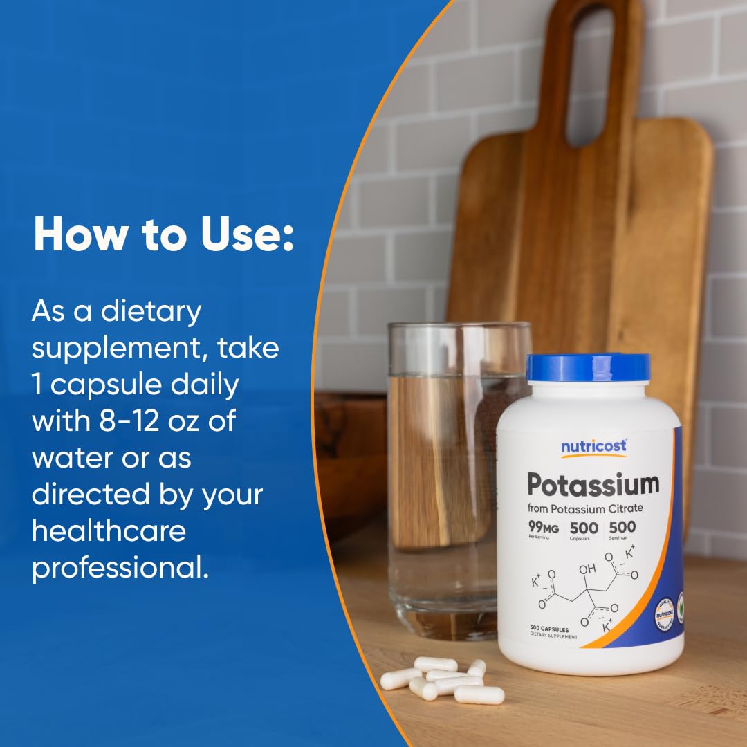 Nutricost Potassium Citrate capsules stacked beside bottle