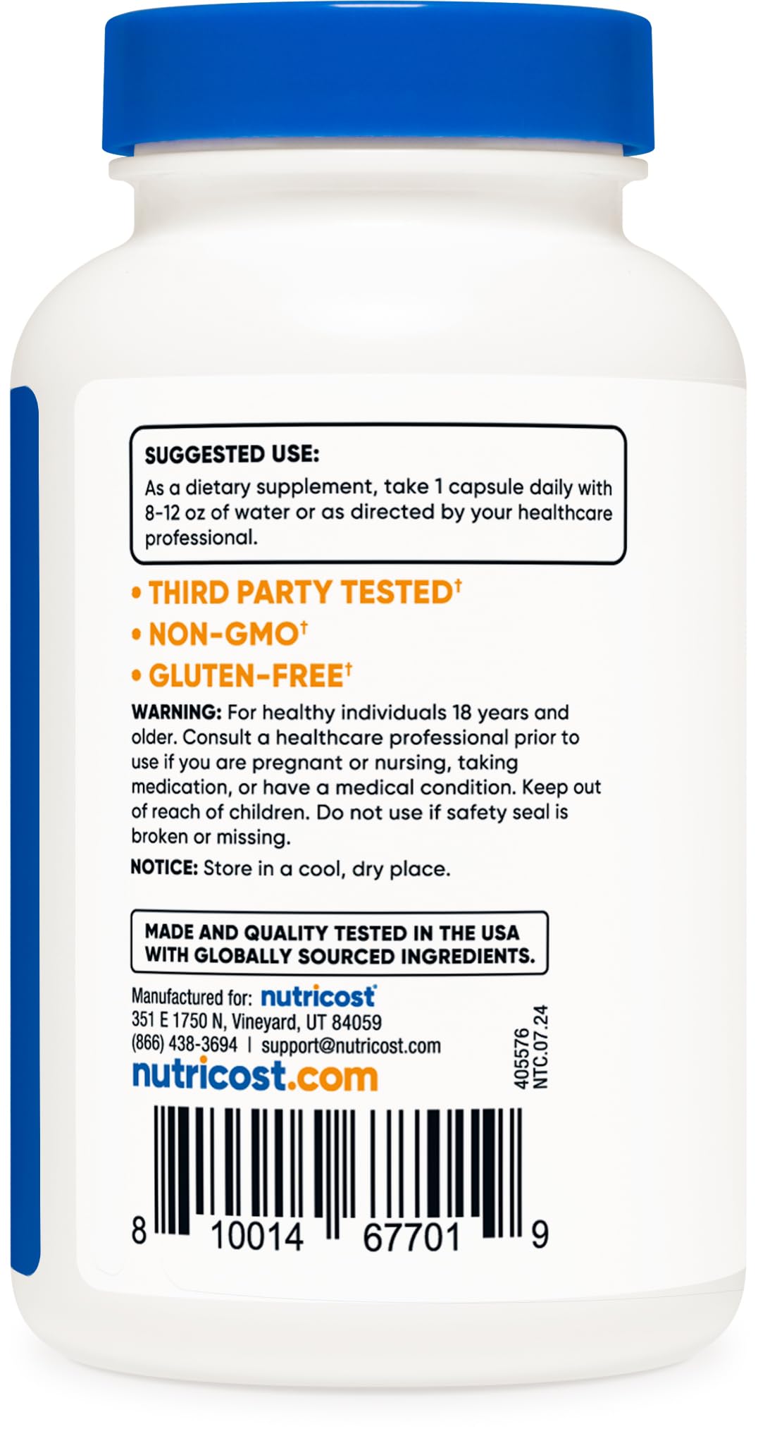 Nutricost Potassium Citrate GMP facility badge signals quality manufacturing.
