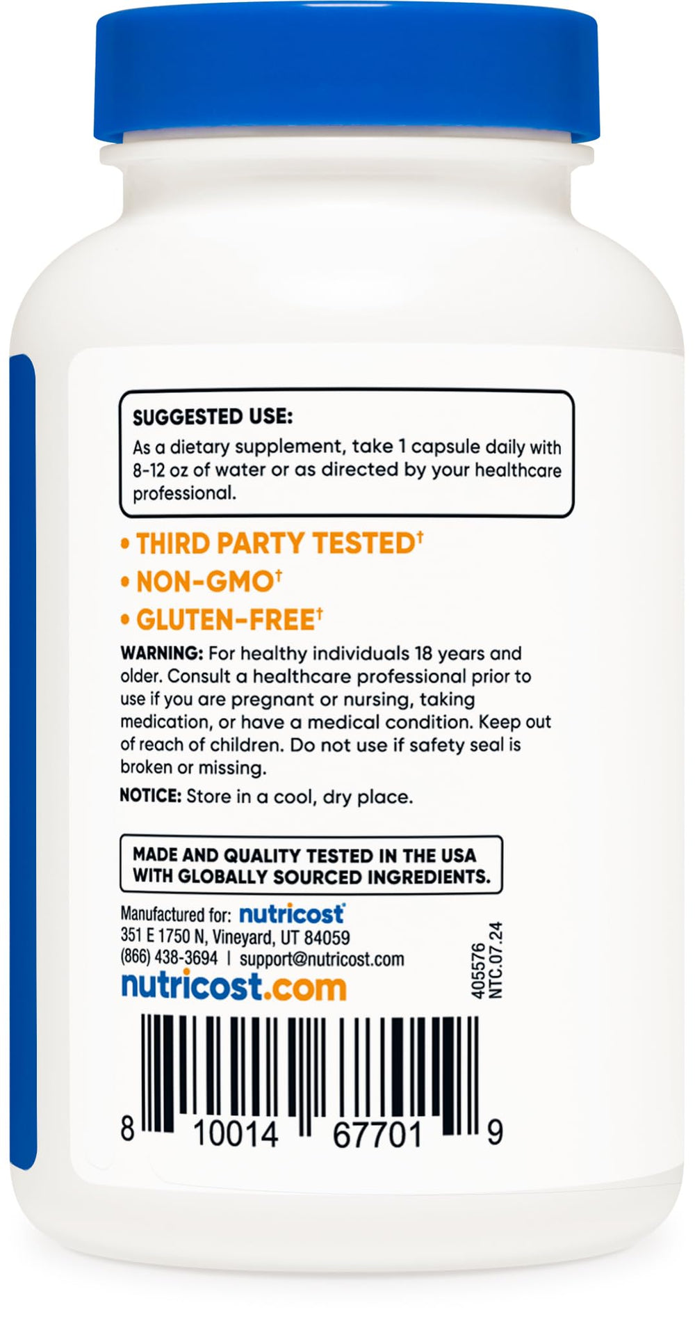Nutricost Potassium Citrate GMP facility badge signals quality manufacturing.
