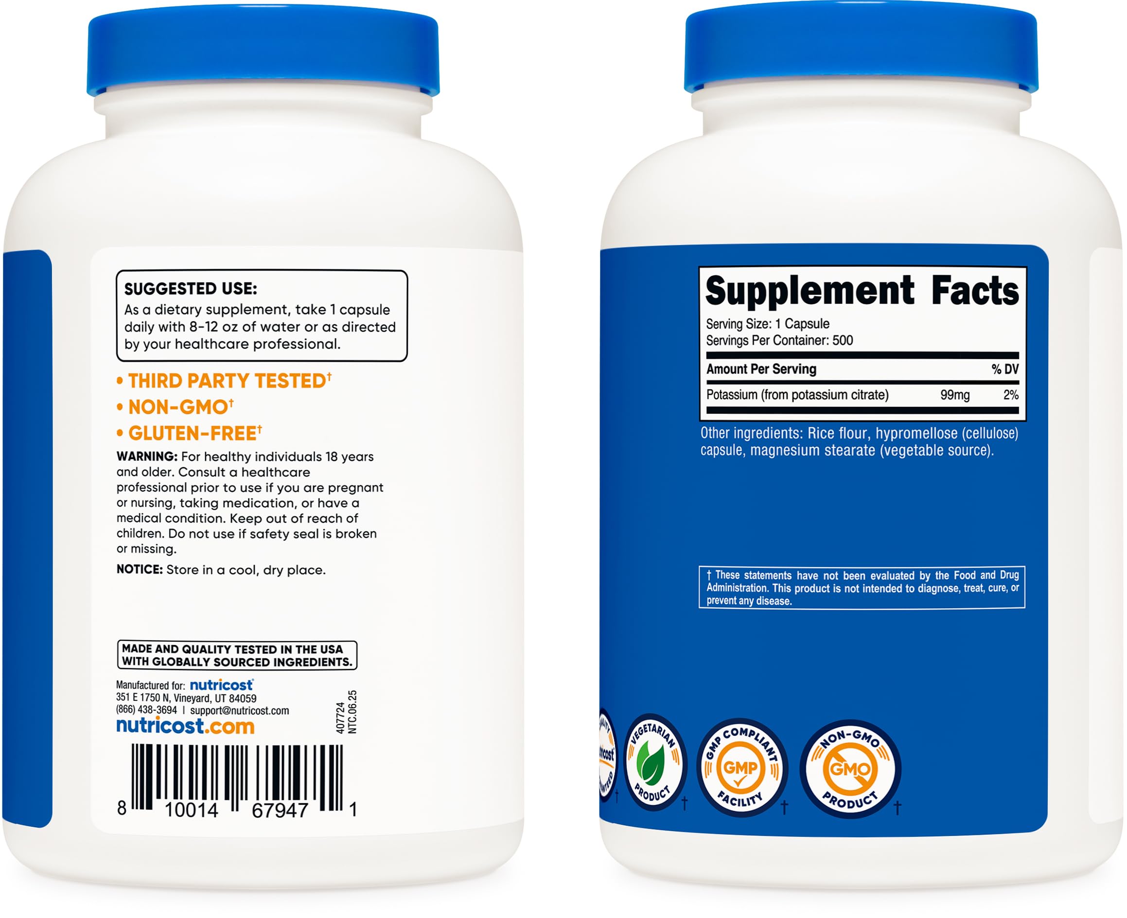 Nutricost Potassium Citrate label with ingredient details for informed use