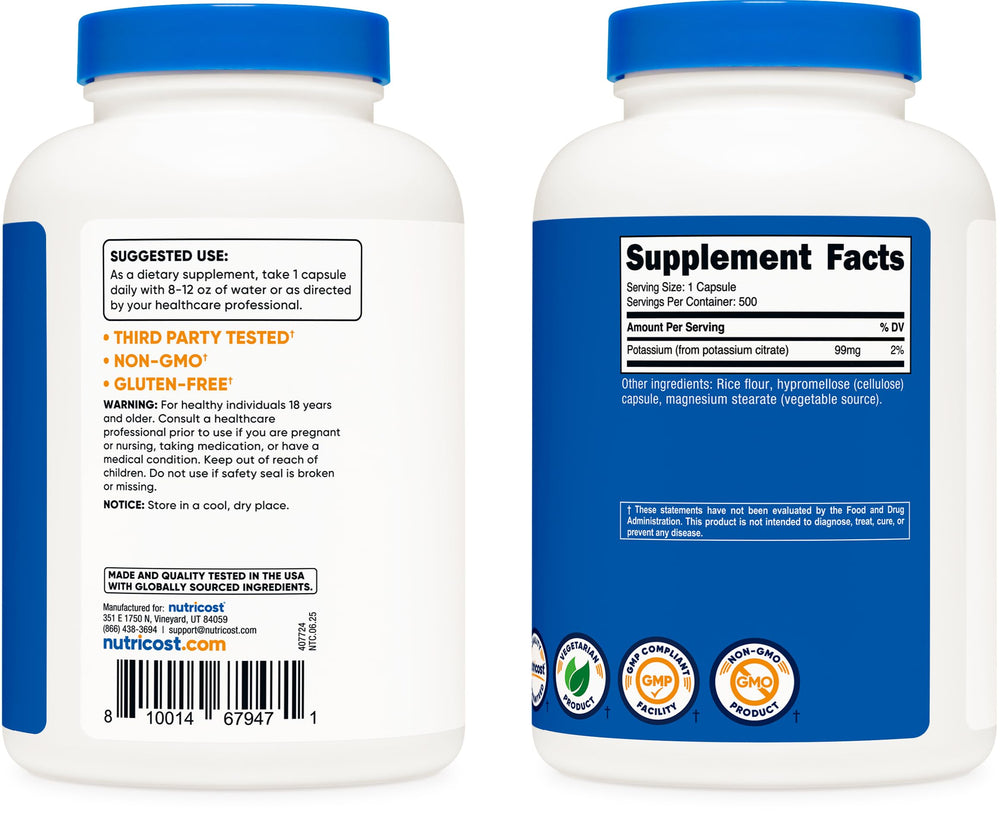 Nutricost Potassium Citrate label with ingredient details for informed use