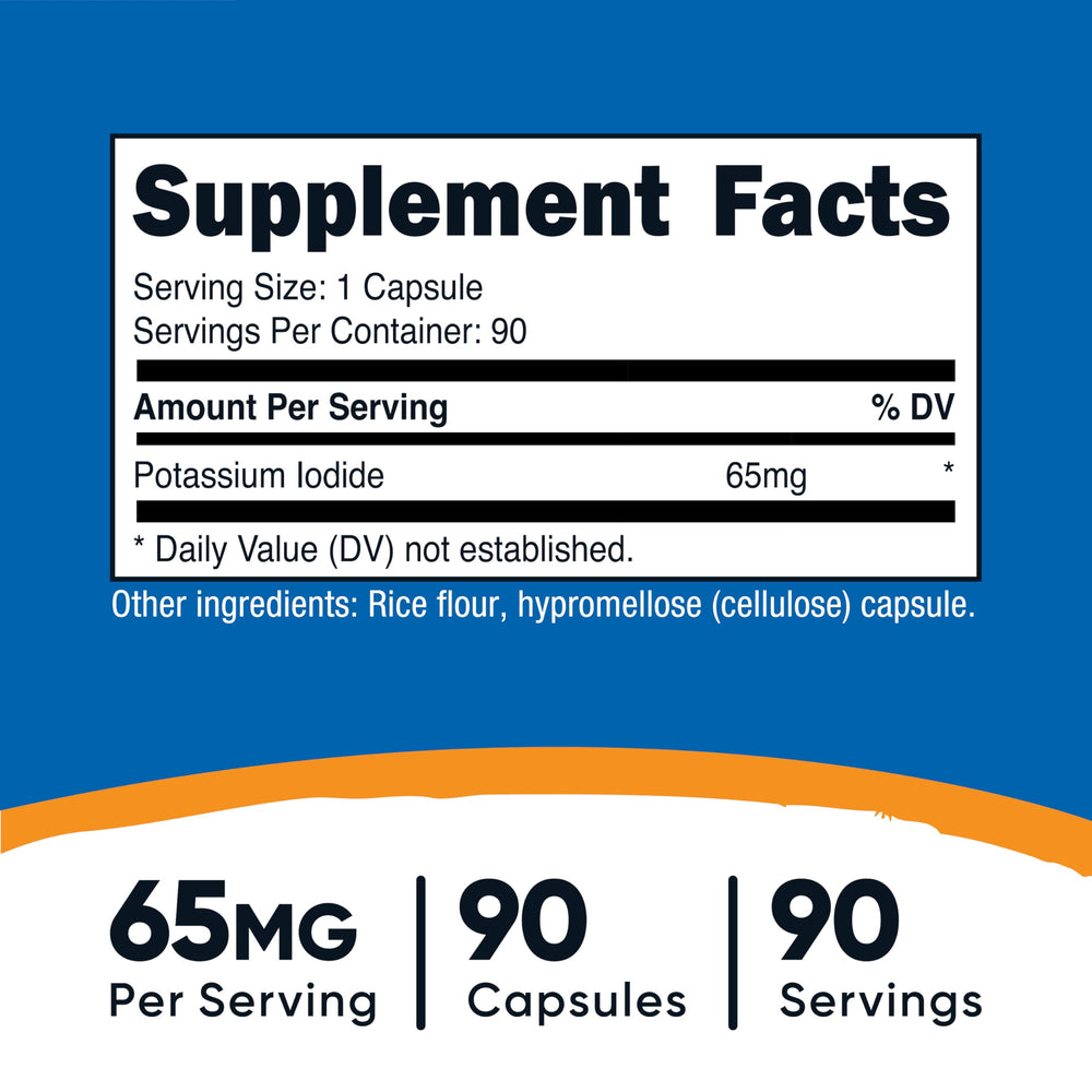 Nutricost Potassium Iodide capsule close-up showing 65mg per serving