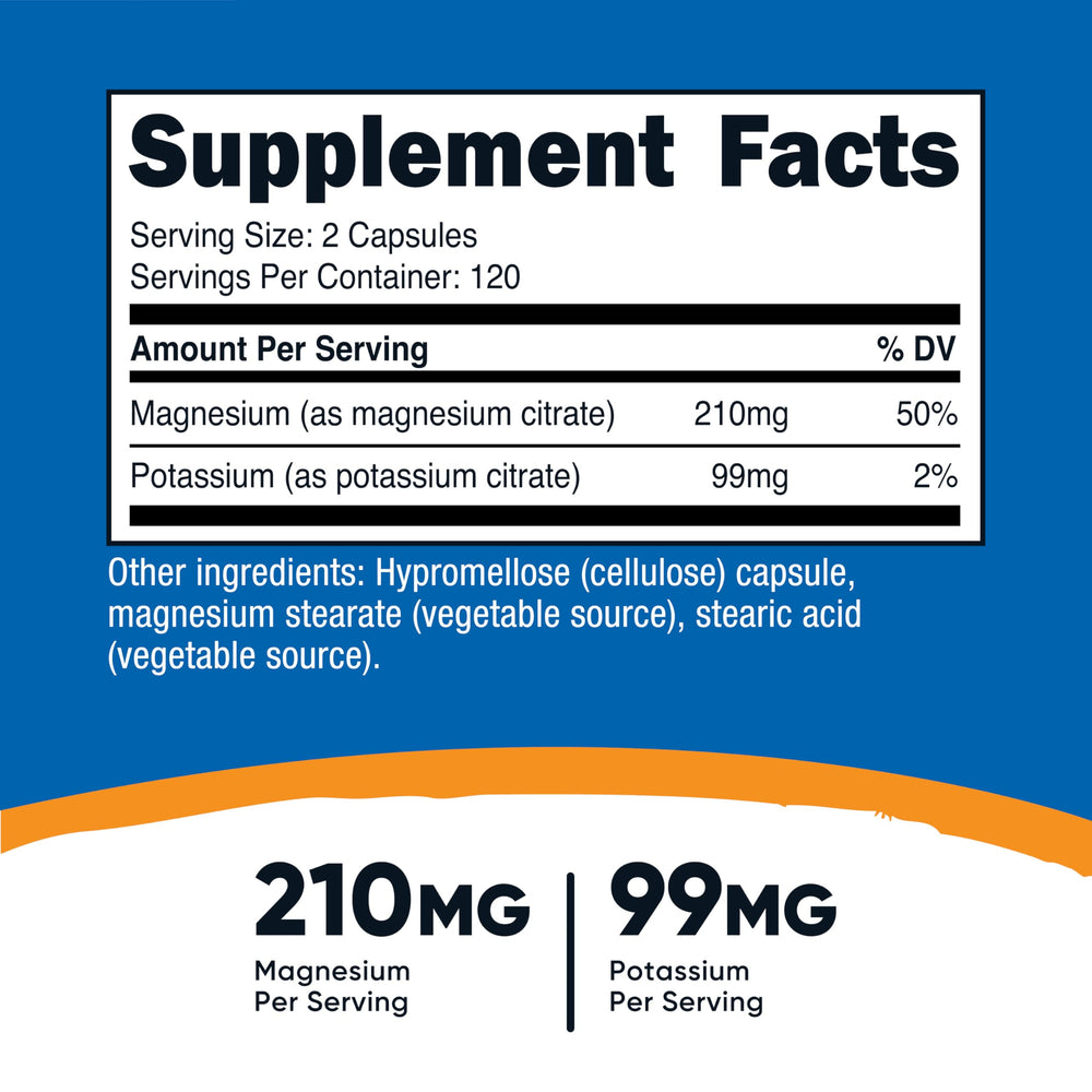 Nutricost Potassium Magnesium Citrates capsules close-up highlights convenient mineral blend.