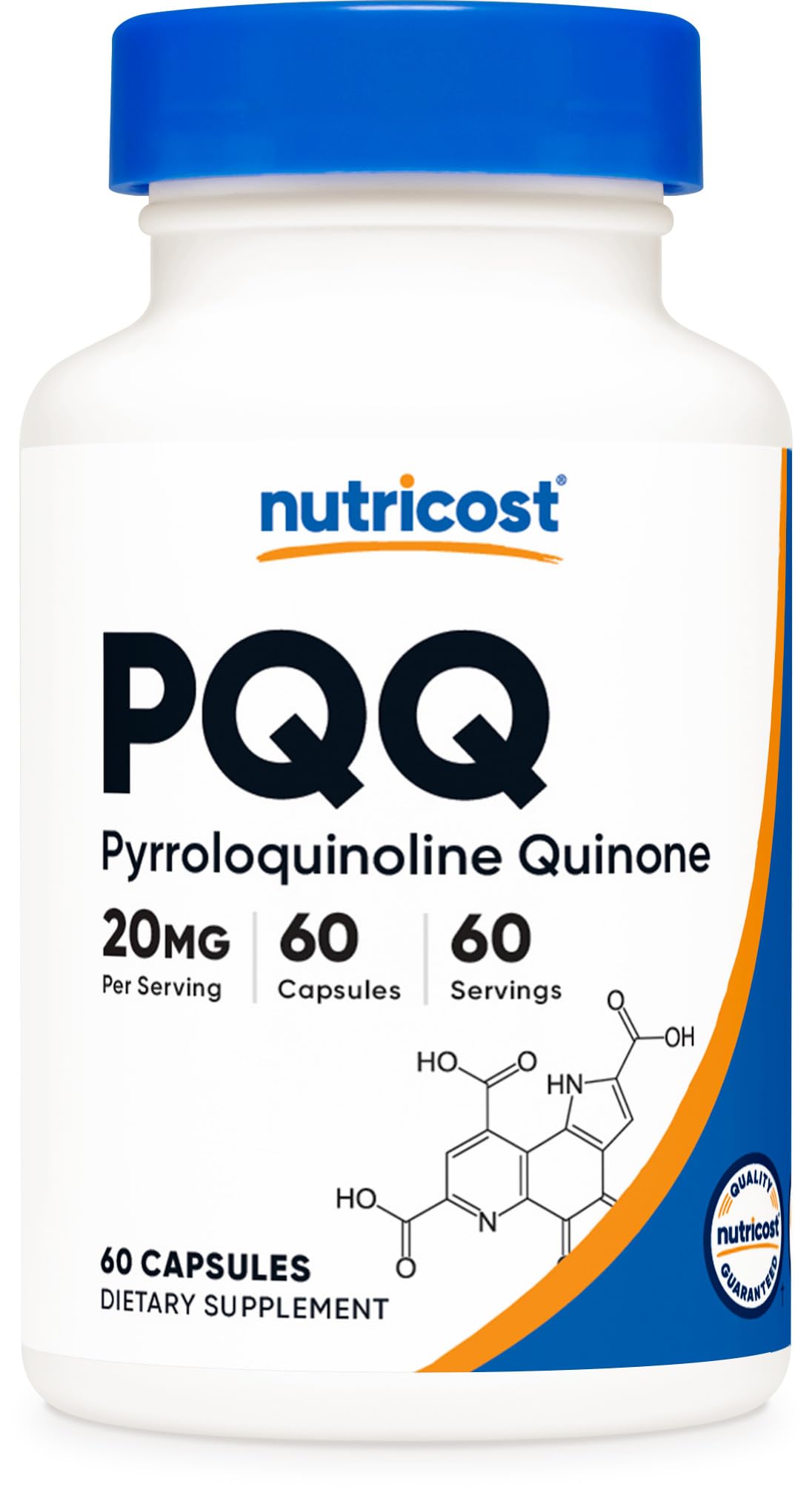Nutricost PQQ 20mg bottle cap close-up, secure packaging for daily use.