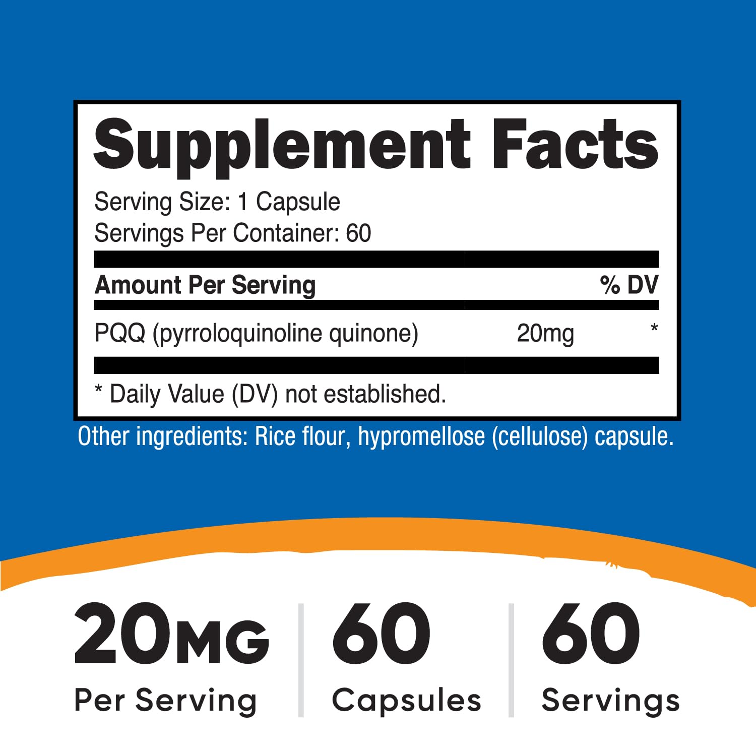 Nutricost PQQ 60 capsules label, vegetarian and non-GMO formulation.
