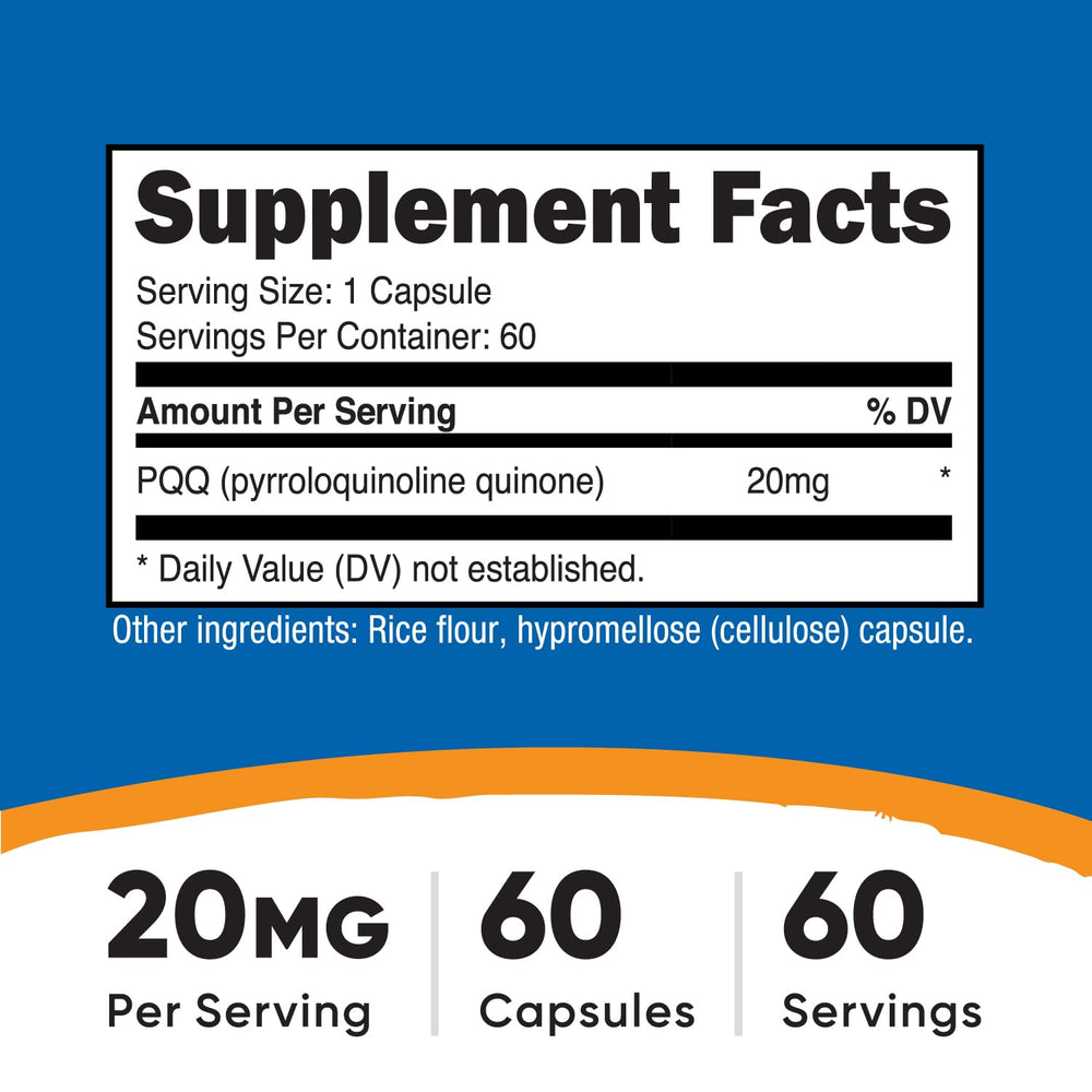 Nutricost PQQ 60 capsules label, vegetarian and non-GMO formulation.