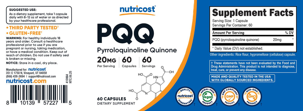 Nutricost PQQ capsules beside glass of water for daily use.