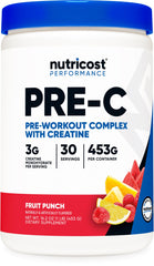 Nutricost Pre-C fruit punch powder in jar boosts workout energy.