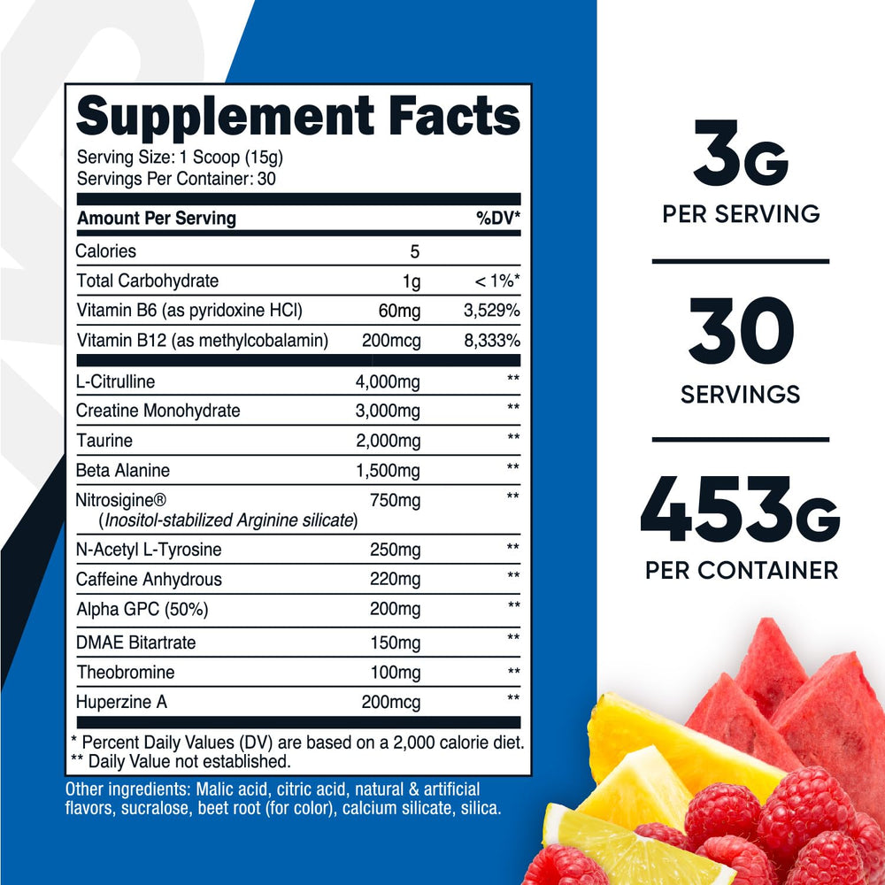 Nutricost Pre-C scoop beside glass for quick pre-workout fueling.