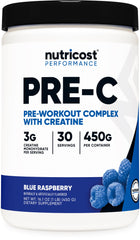Nutricost Pre-C Pre-Workout Blue Raspberry container boosts energy before training.