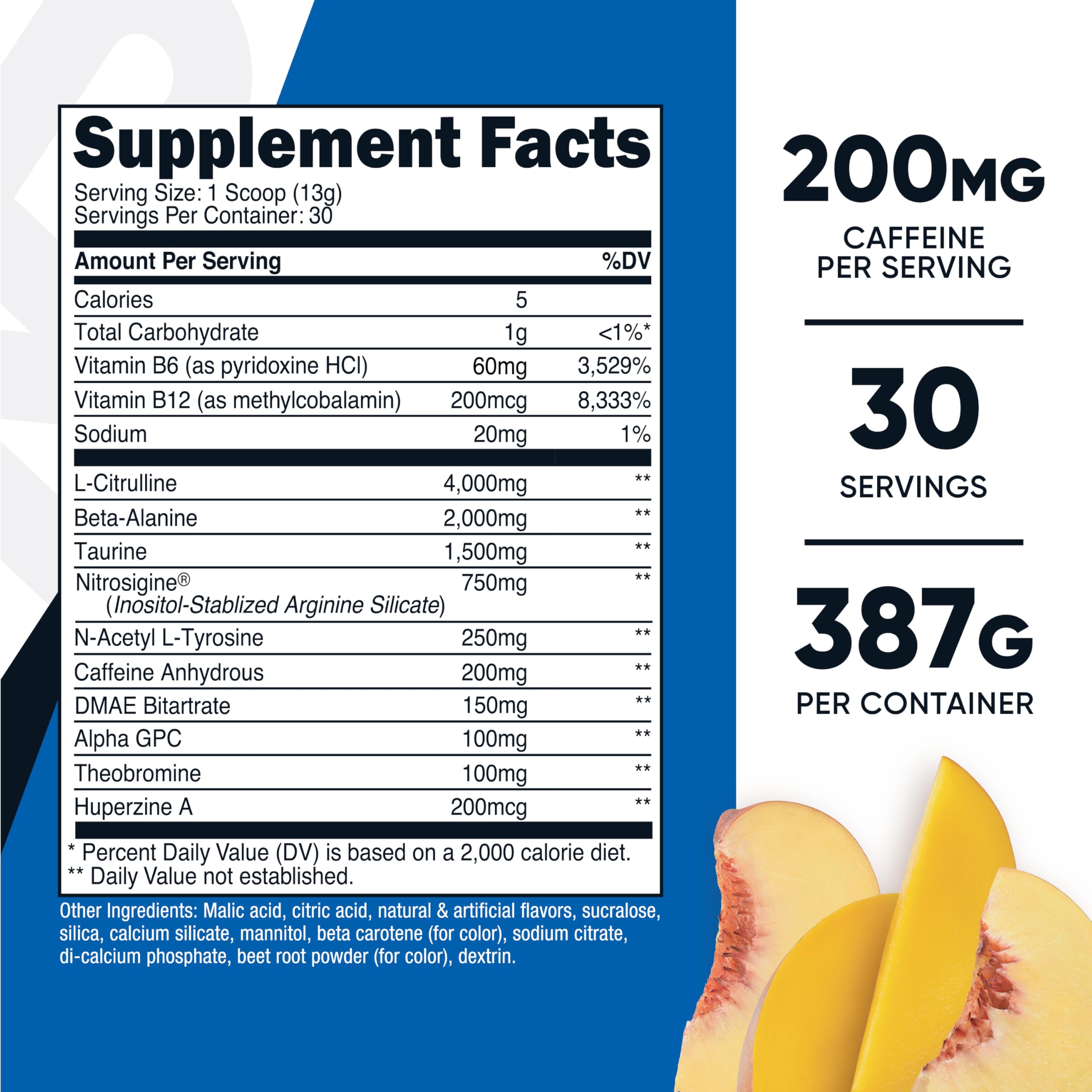 Nutricost blue raspberry flavor powder highlights caffeine boost.