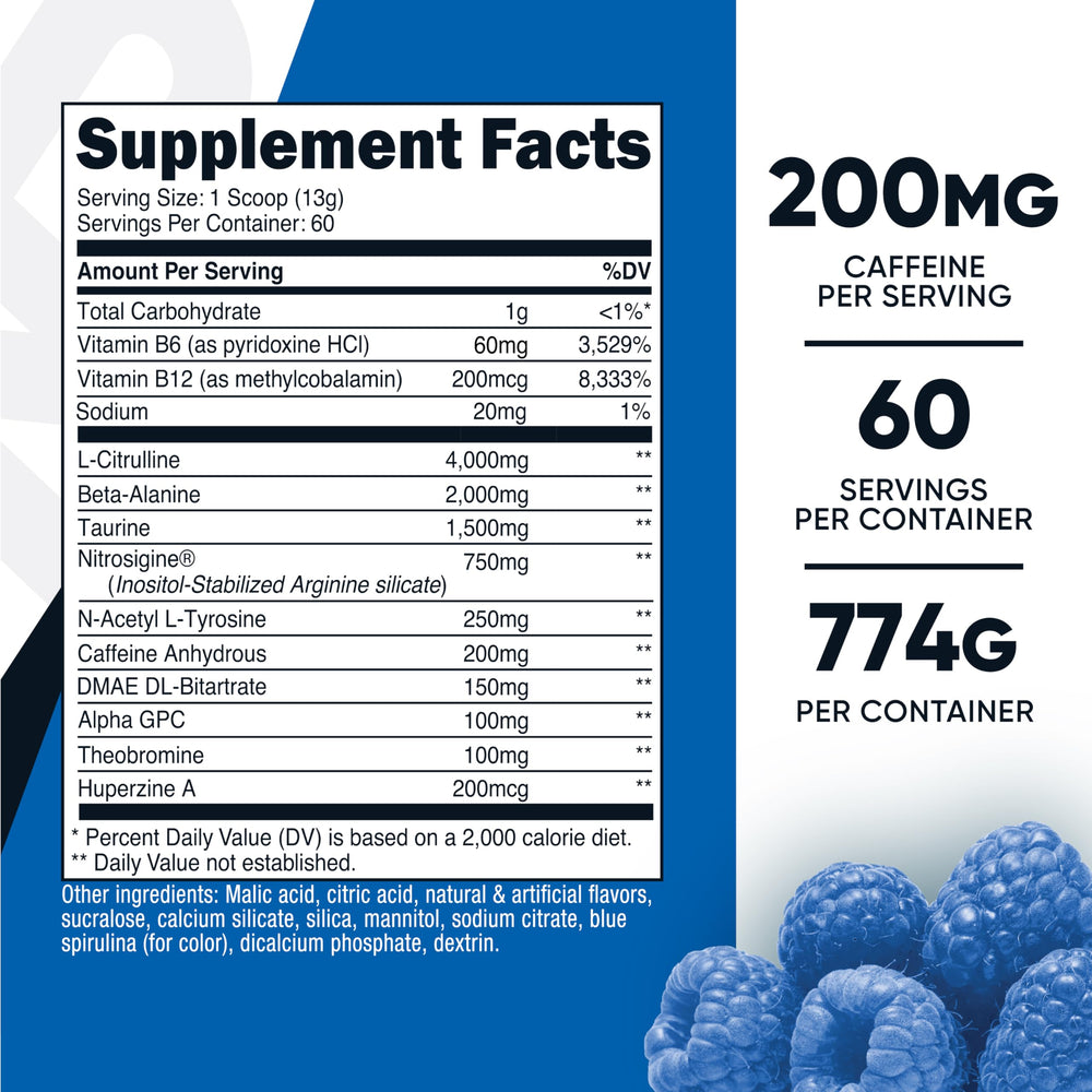 Nutricost blue raspberry powder scoop ready for a high-energy workout.