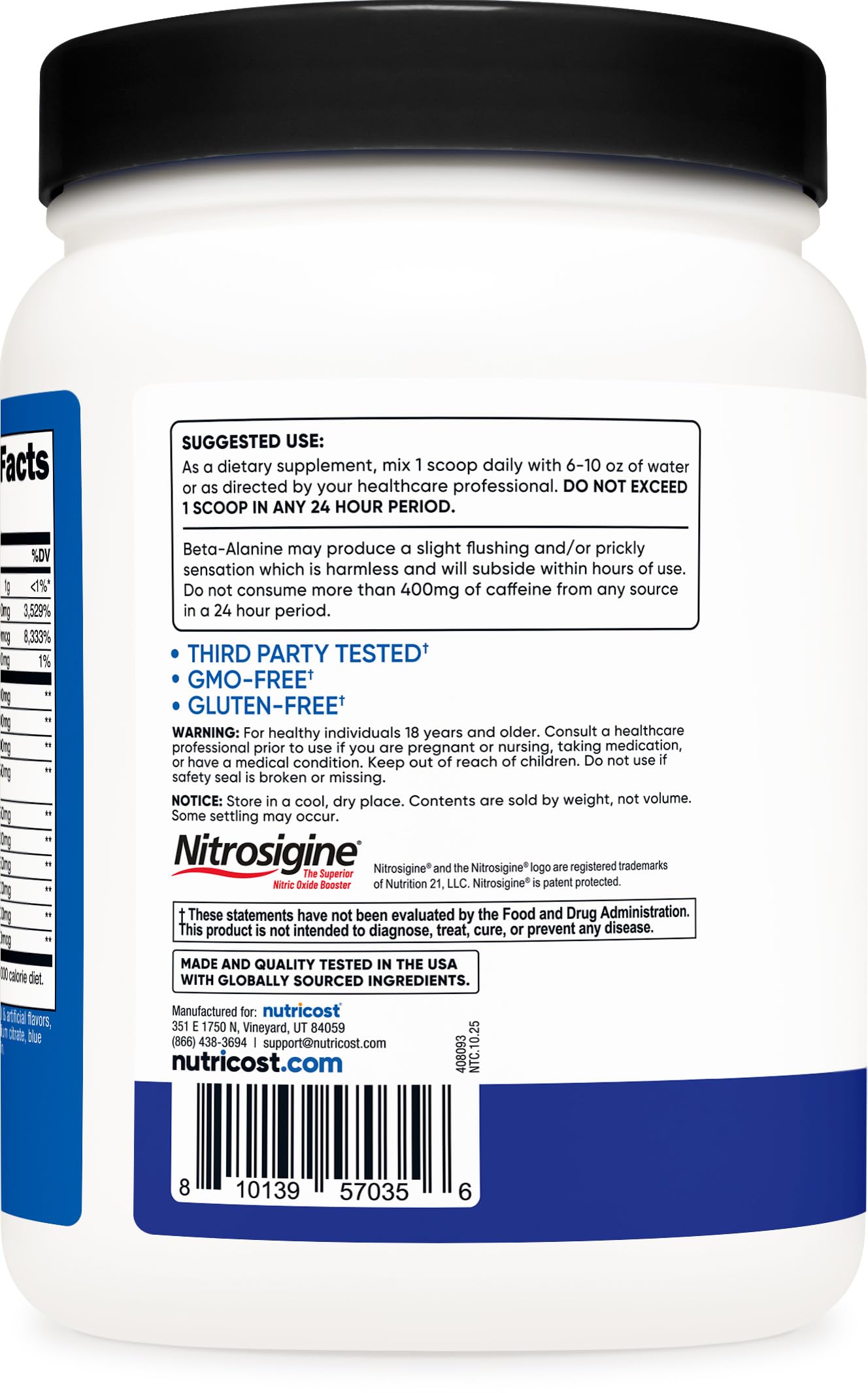 ISO-tested batch seal on Nutricost bottle ensures quality and safety.