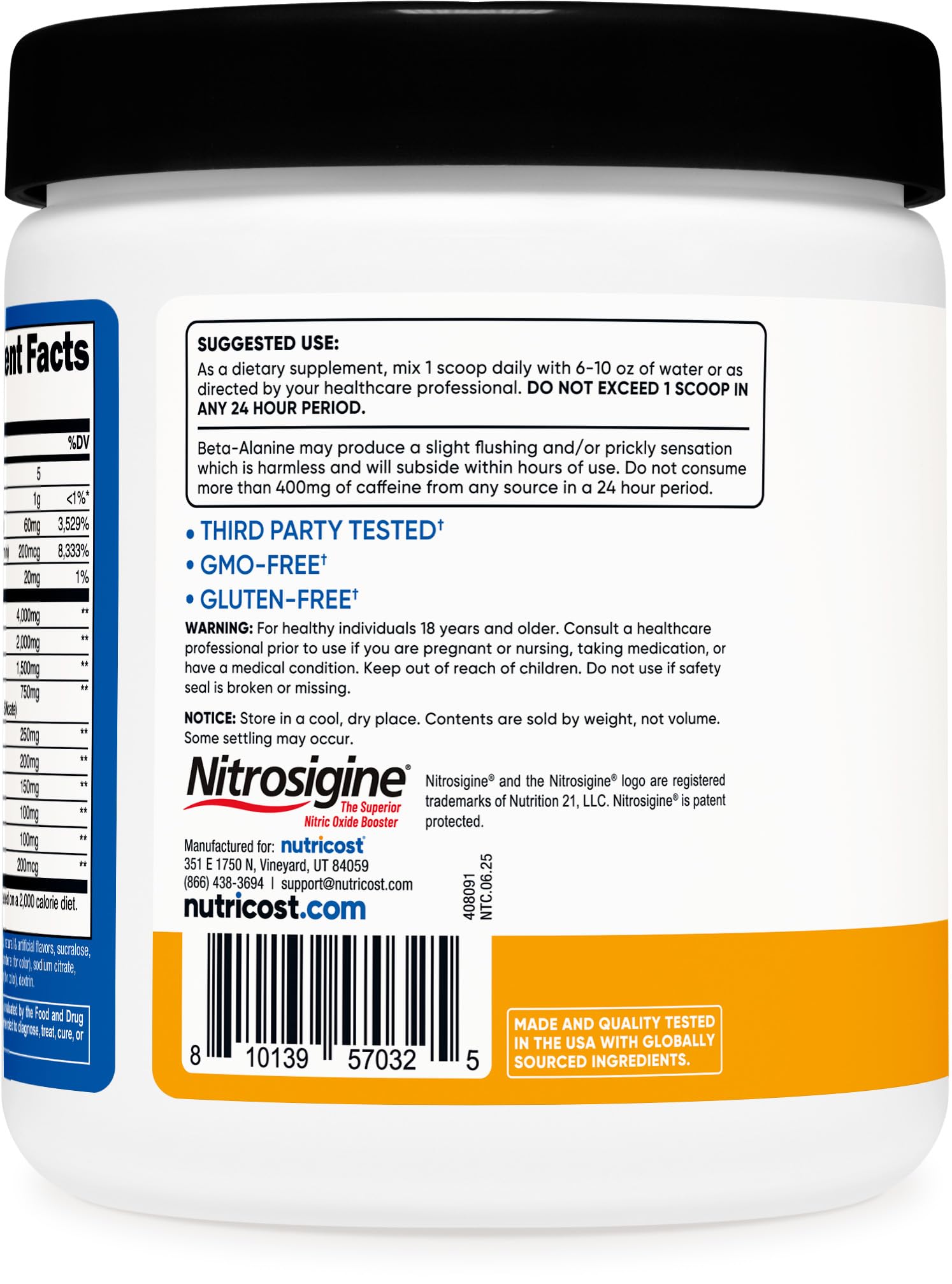 Nutricost label shows quality assurance and third-party testing.