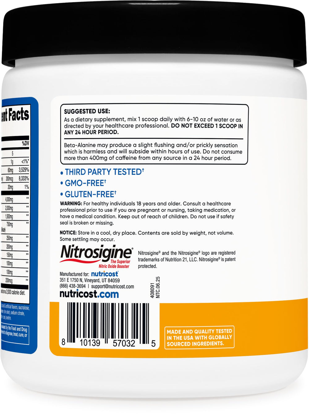 Nutricost label shows quality assurance and third-party testing.