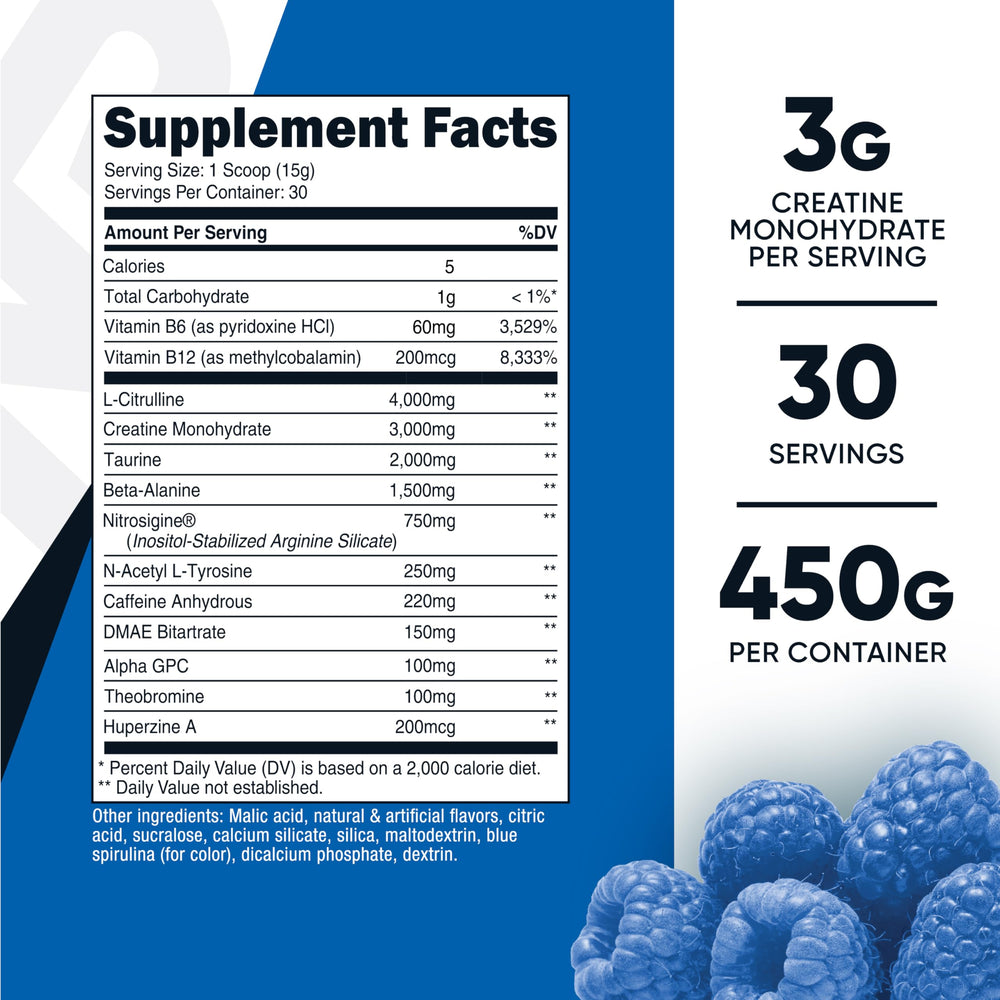 Nutricost Pre-C Pre-Workout creatine powder scoop highlights creatine content for endurance.
