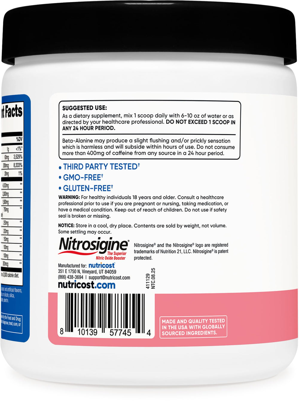 Nutricost Pre-Workout label highlighting GMO-free and vegetarian formula.