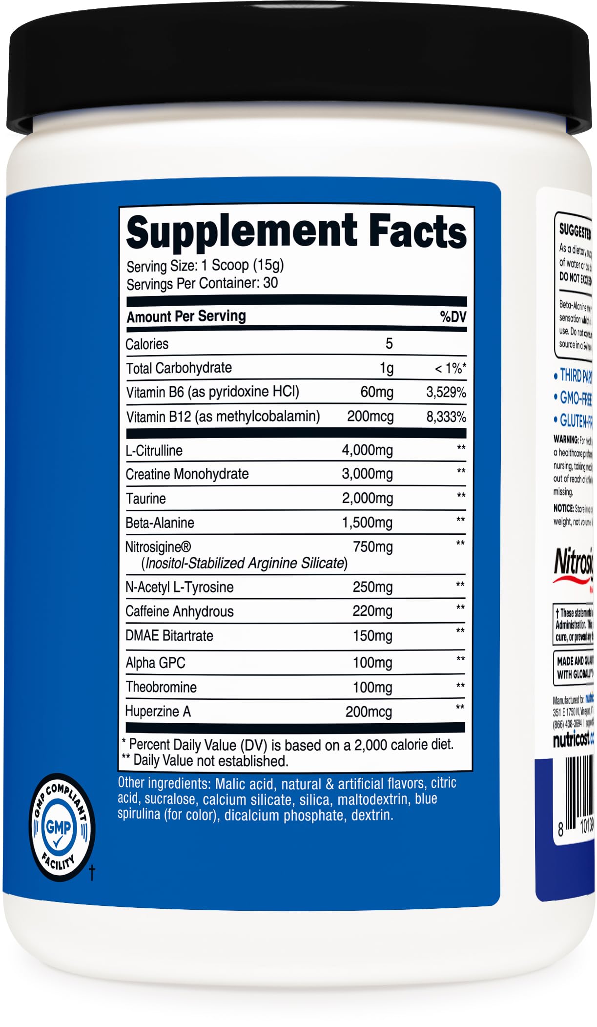 Nutricost Pre-C Pre-Workout NSF-certified facility seal reinforces high manufacturing standards.