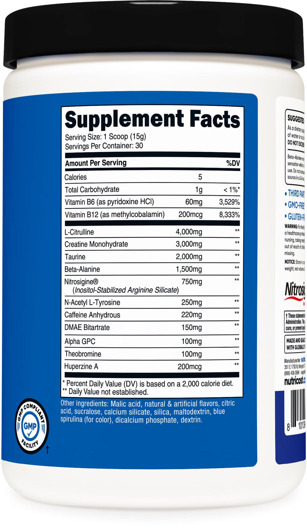 Nutricost Pre-C Pre-Workout NSF-certified facility seal reinforces high manufacturing standards.