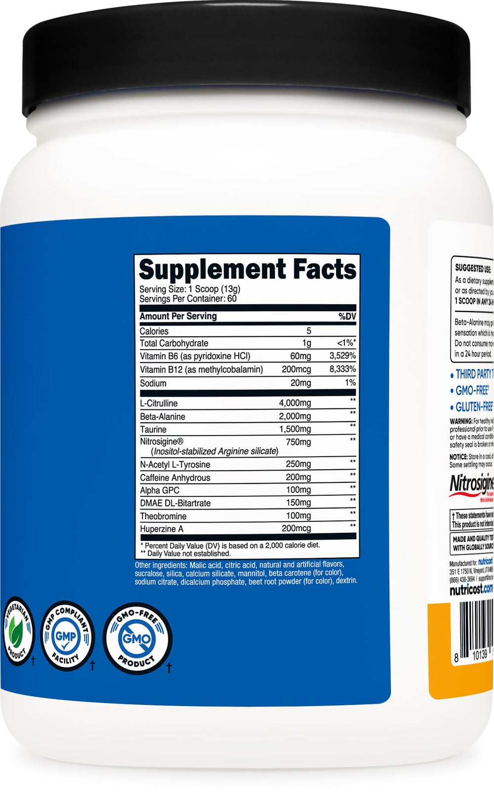 Nutricost pre-workout peach mango bottle label emphasizes quality and testing standards