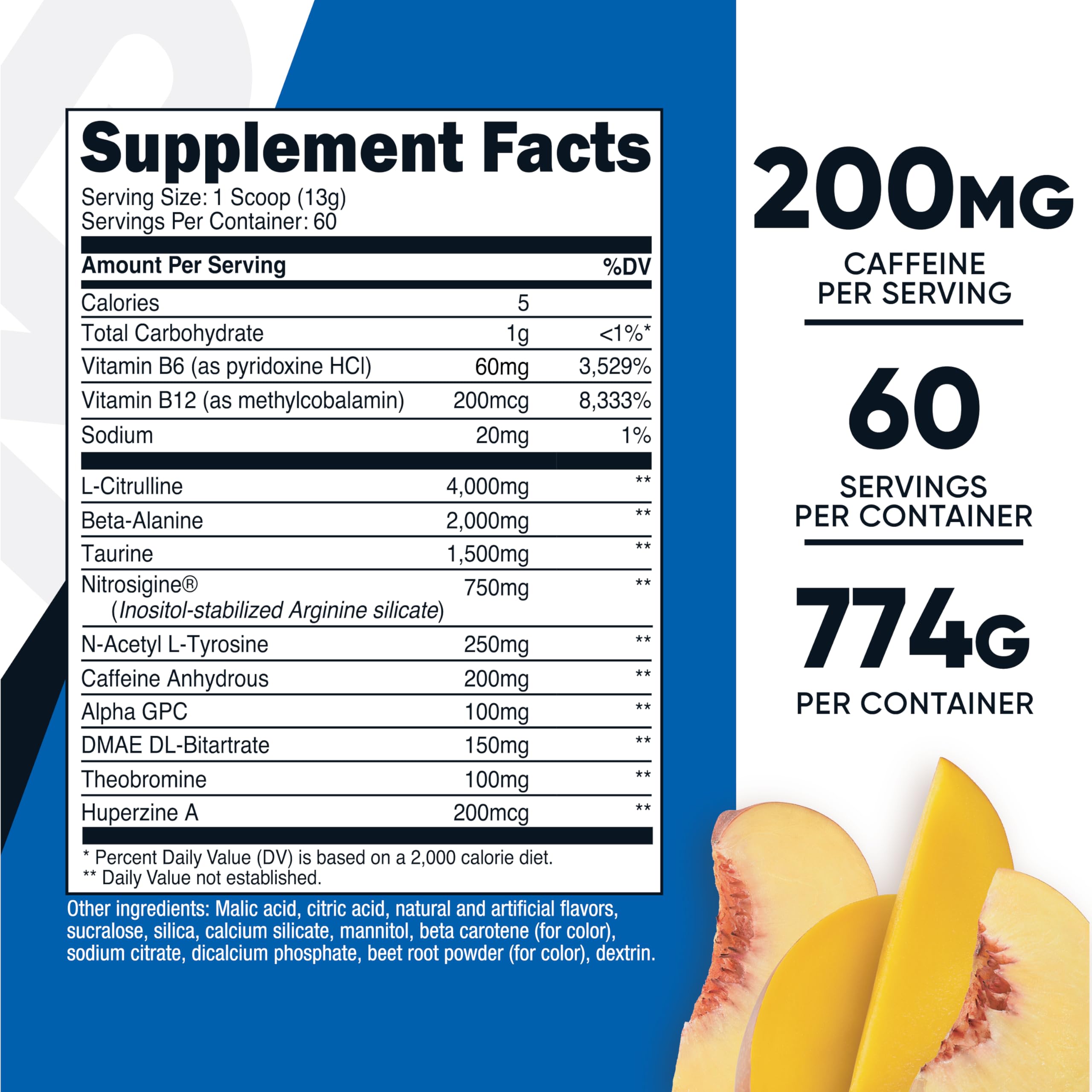 Nutricost pre-workout peach mango tub front highlighting convenient energy before training