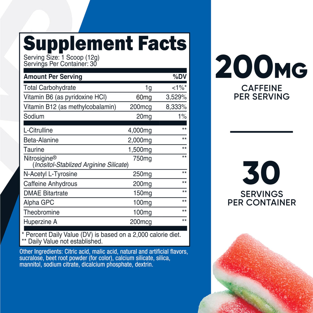Nutricost Pre-Workout powder scoop with Watermelon Candy flavor ready.