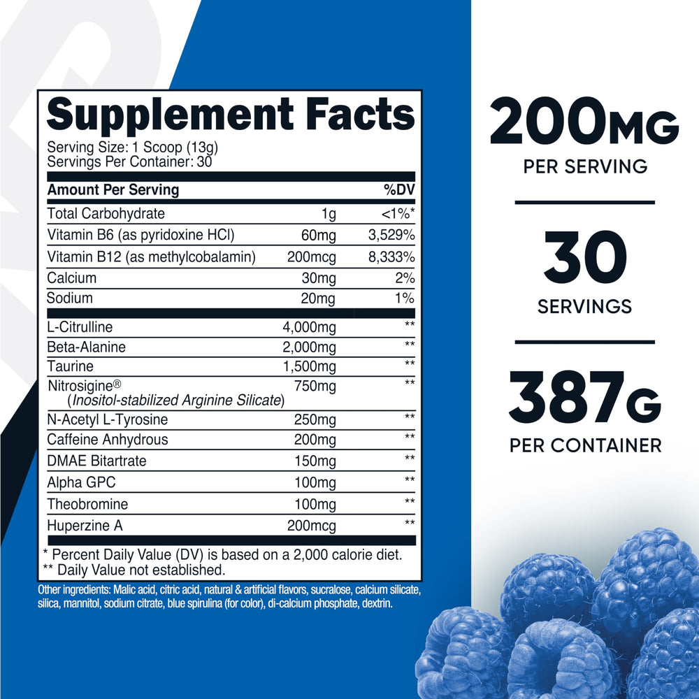 Nutricost Pre-Workout scoop with powder shown for endurance support.