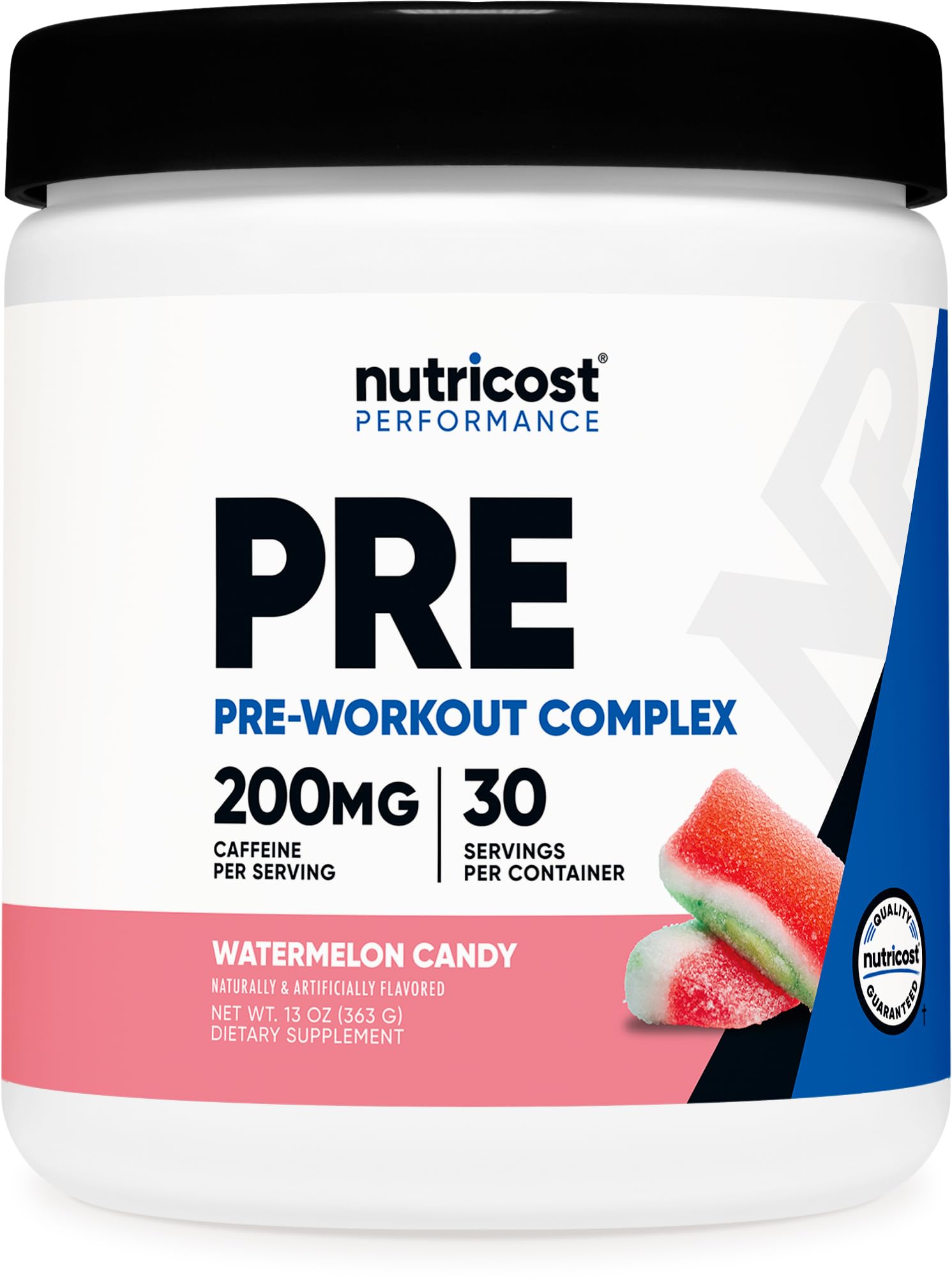 Nutricost Pre-Workout Watermelon Candy tub boosts energy before training.