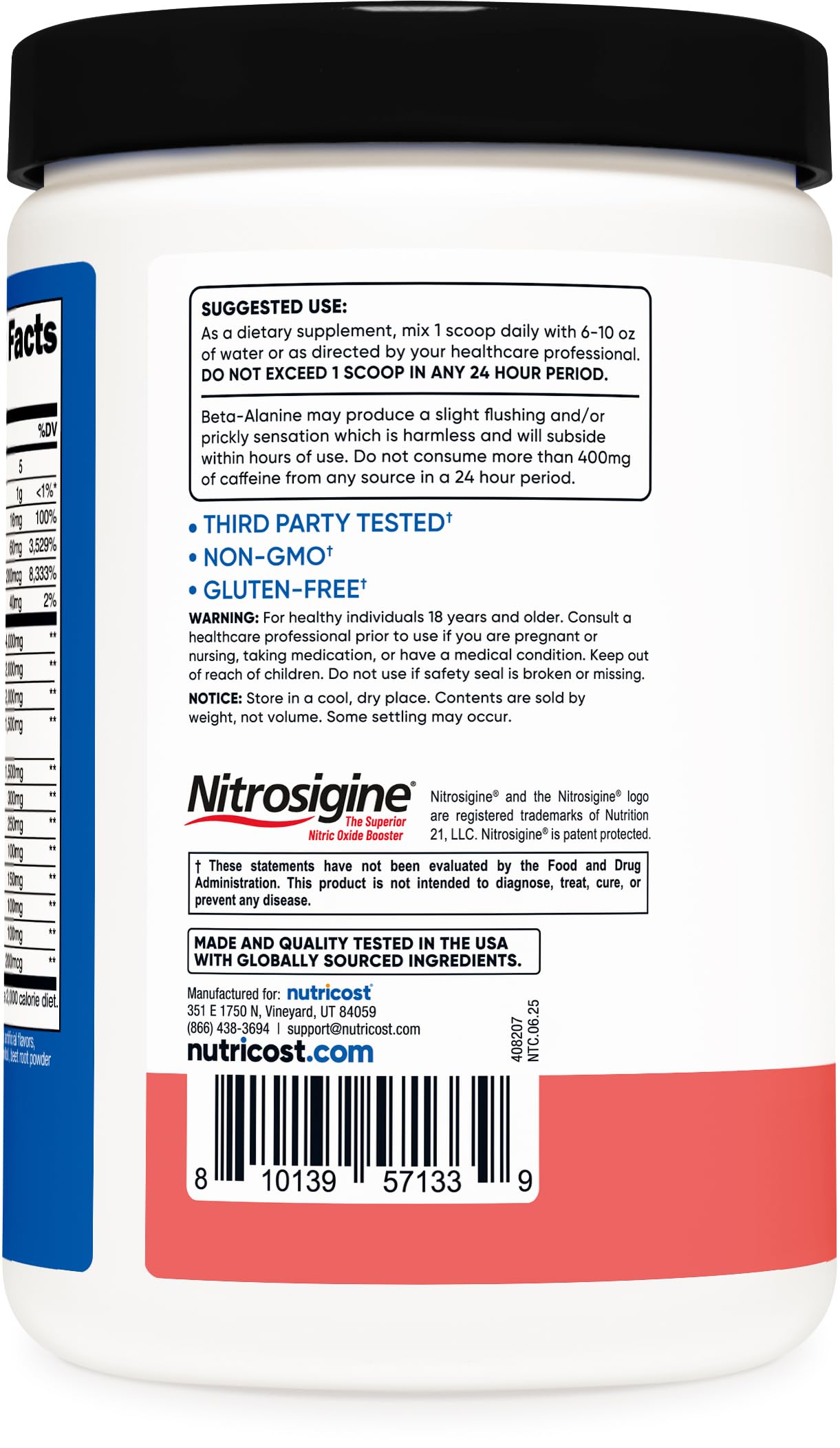 Nutricost Pre-Workout Watermelon label highlights ingredients for performance.
