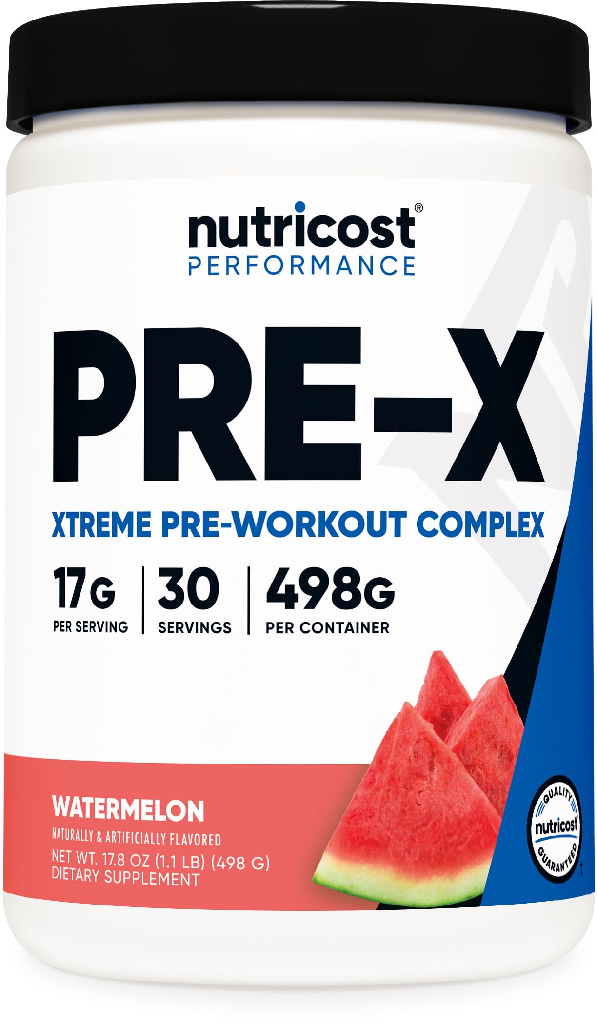 Nutricost Pre-Workout Watermelon powder in a jar boosts focus and endurance.