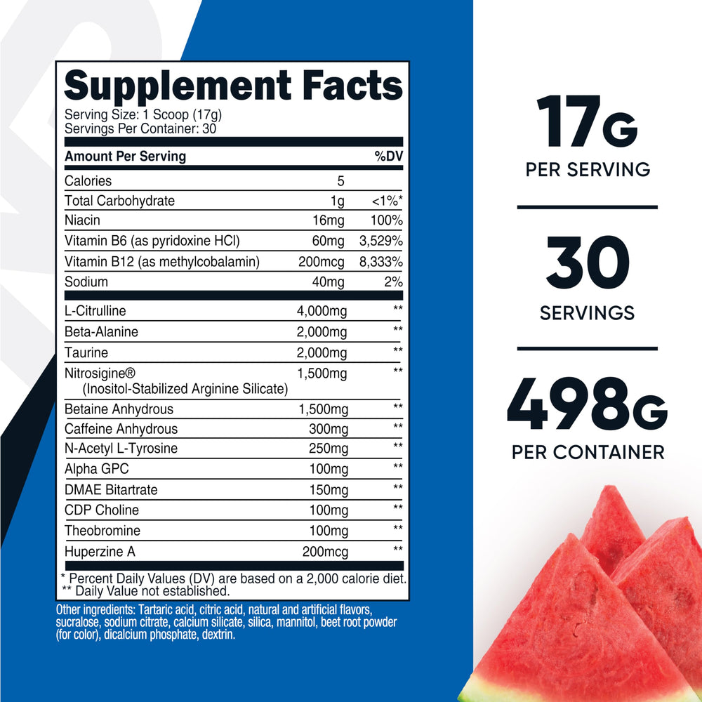 Nutricost Pre-Workout Watermelon scoop in bottle enables quick, flavorful fueling.