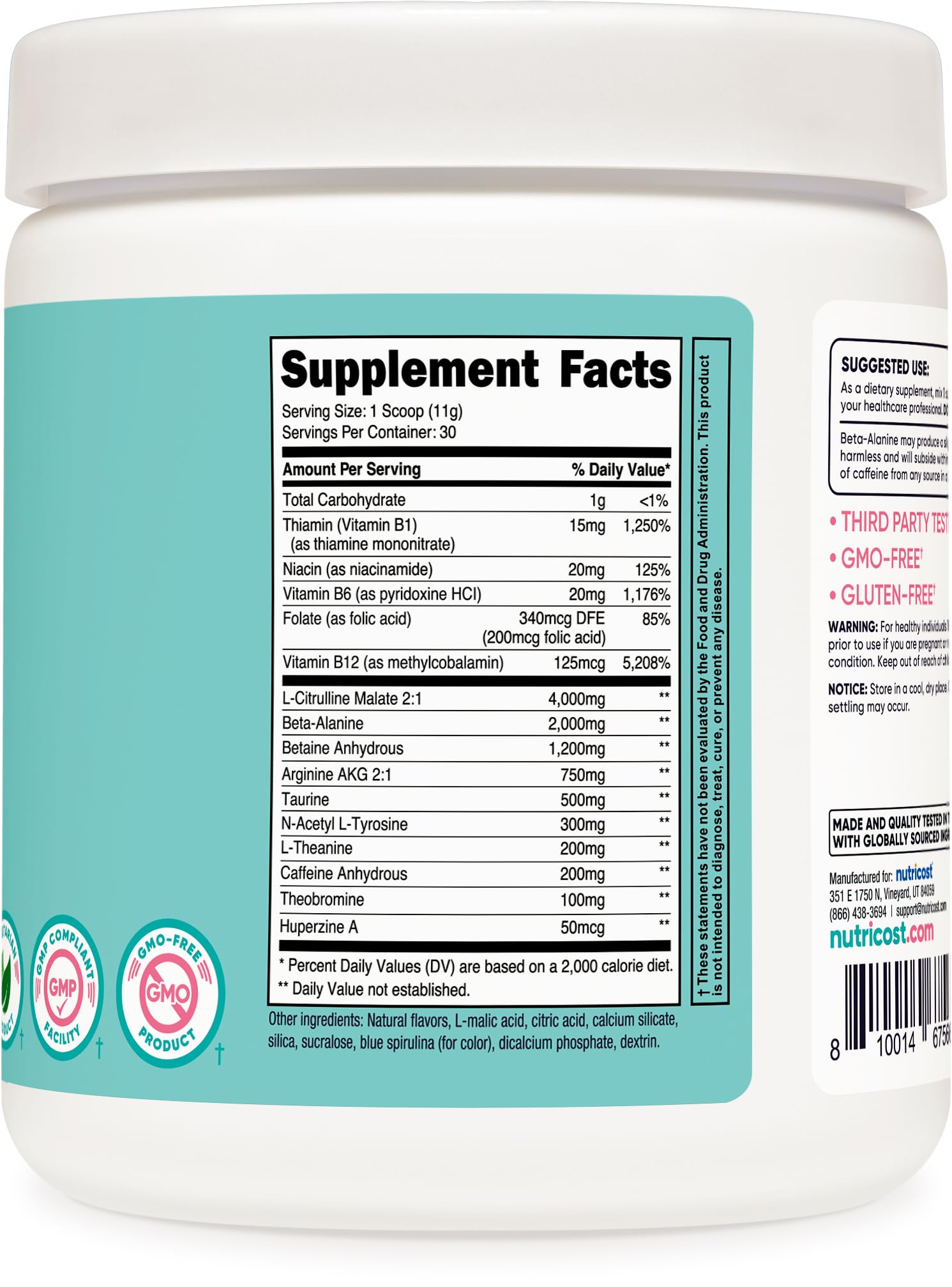 Nutricost Pre-Workout Women Blue Raspberry label and scoop indicate independent lab-tested quality.