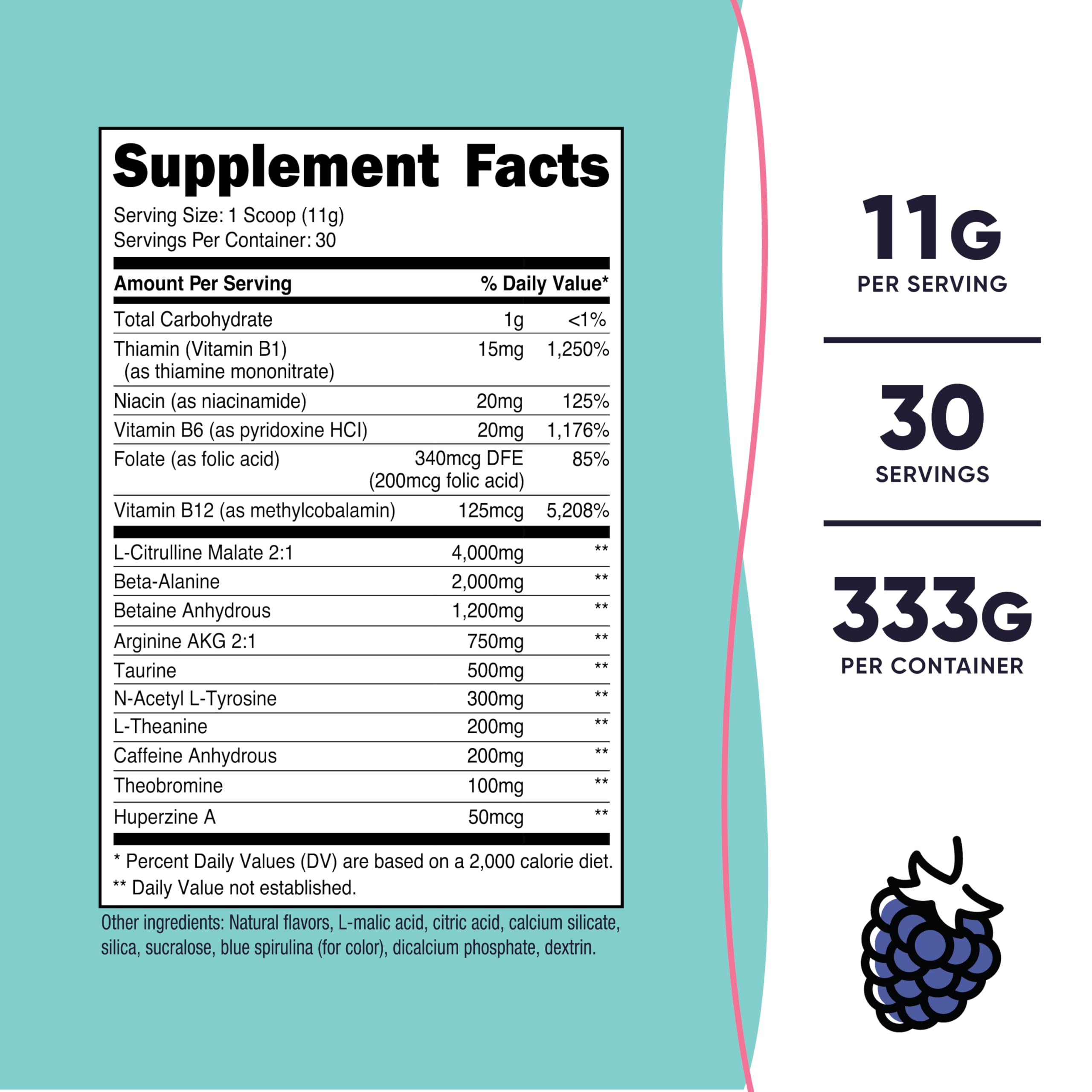 Nutricost Pre-Workout Women Blue Raspberry label close-up highlights vegetarian and gluten-free ingredients.