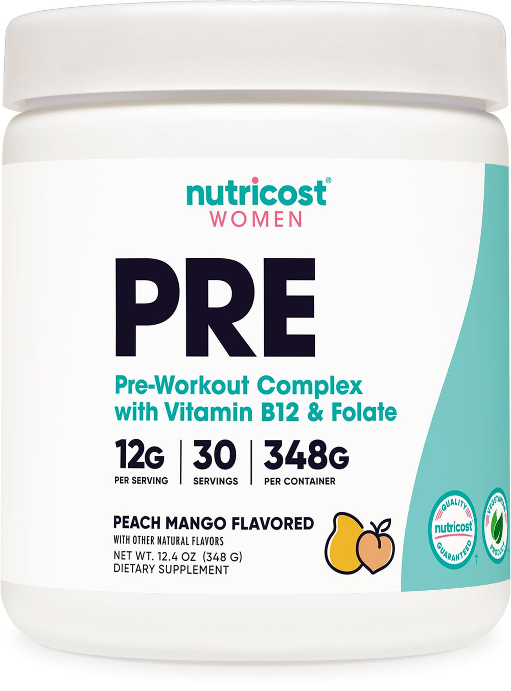 Nutricost Pre-Workout Women Peach Mango bottle on gym bag ready for an energy boost