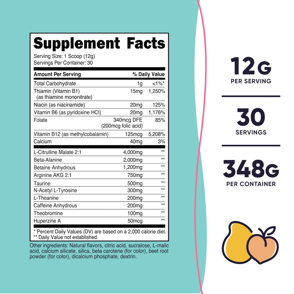 Nutricost Pre-Workout Women Peach Mango powder mixed in a glass for a refreshing shake