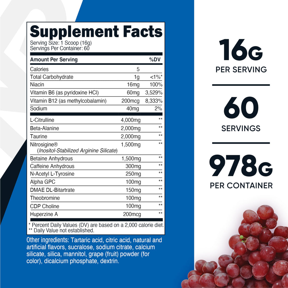 Nutricost Pre-X Extreme grape scoop beside shaker for quick servings.