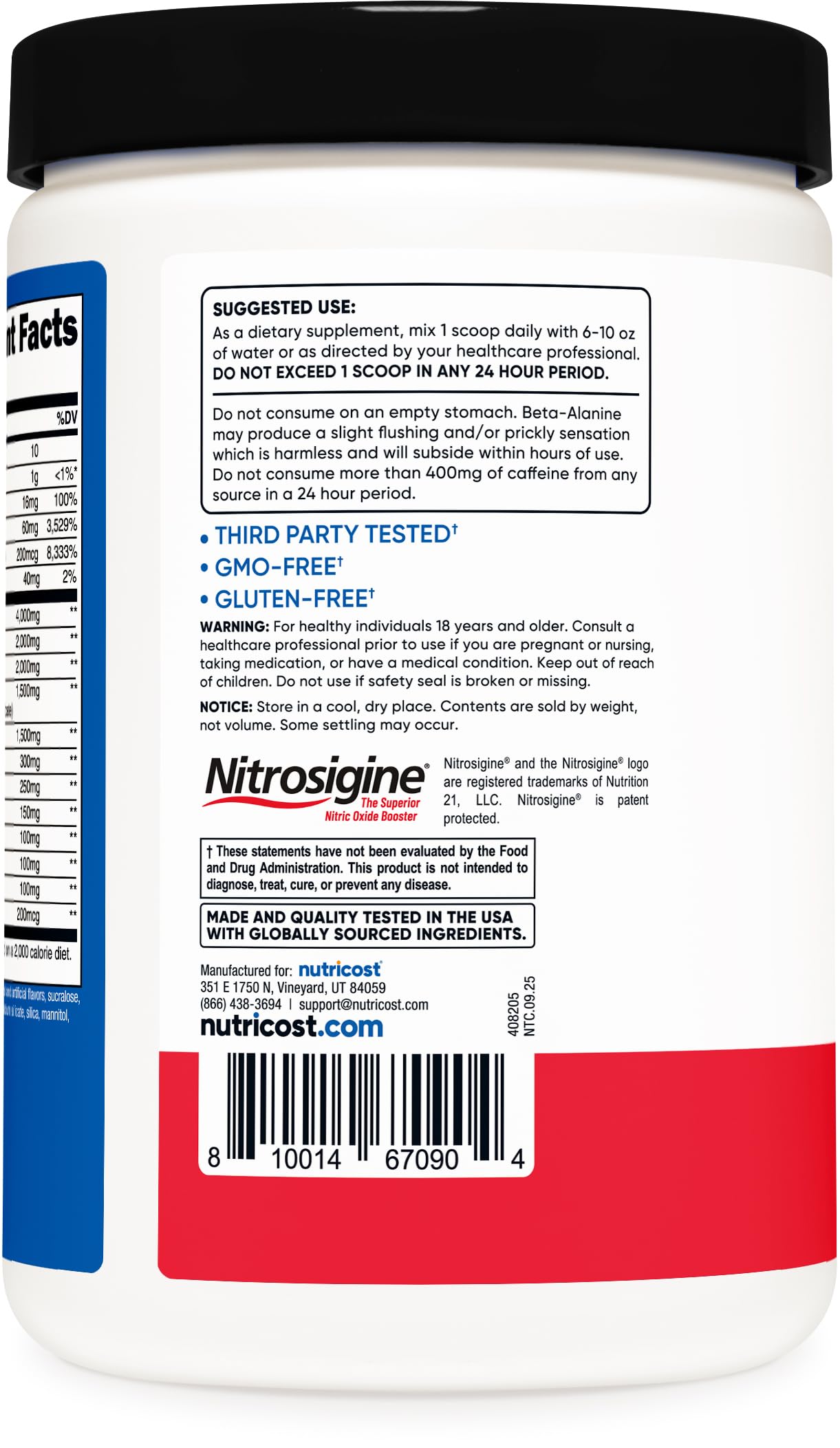 Nutricost Pre-X Xtreme ingredients panel showing caffeine and beta-alanine for focus and endurance.