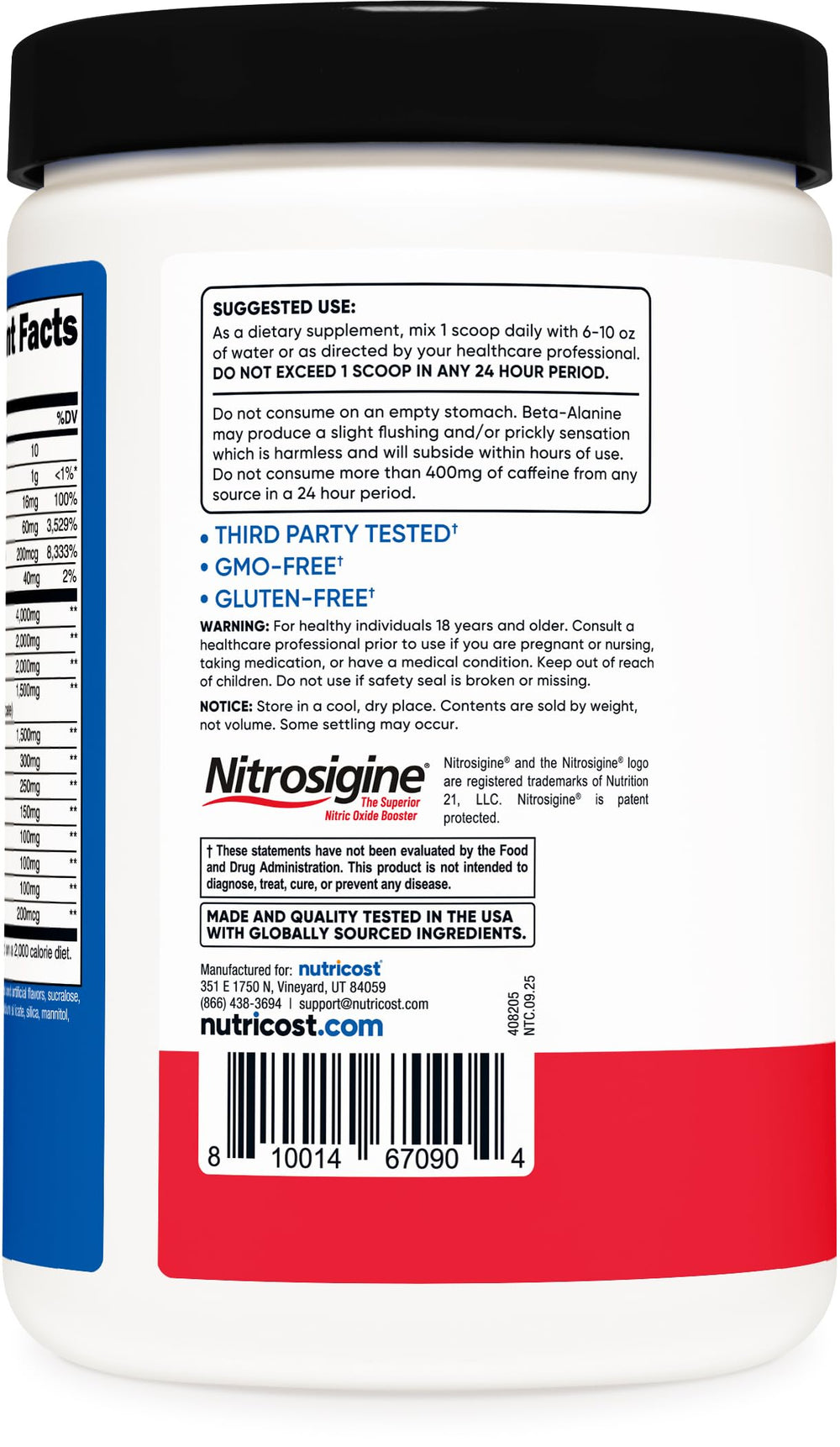 Nutricost Pre-X Xtreme ingredients panel showing caffeine and beta-alanine for focus and endurance.