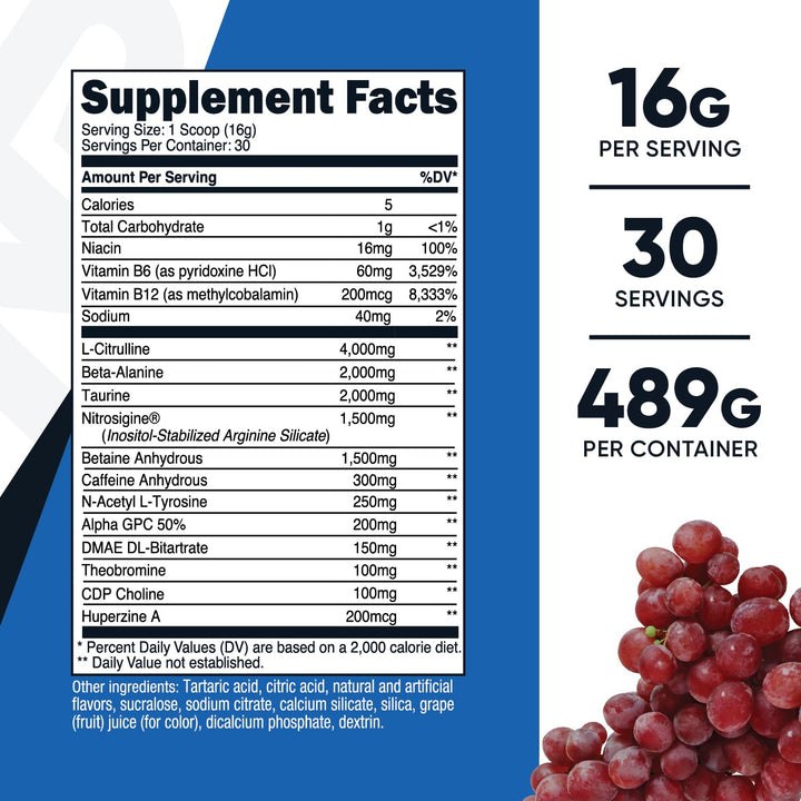 Nutricost Pre-X grape scoop showing precise serving for quick mix