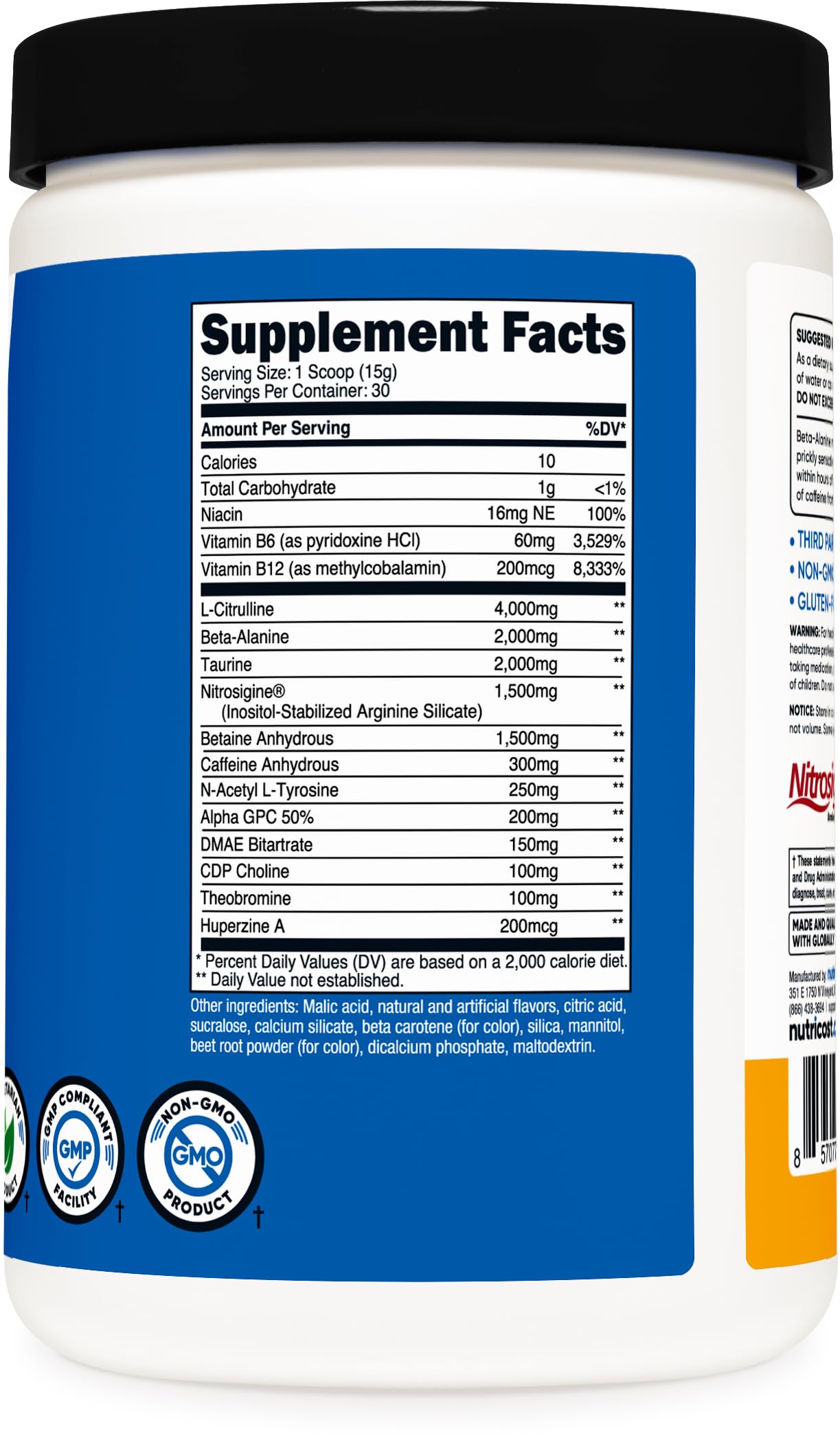 Close-up of Nutricost Pre-X Xtreme bottle label with vegetarian and gluten-free claims