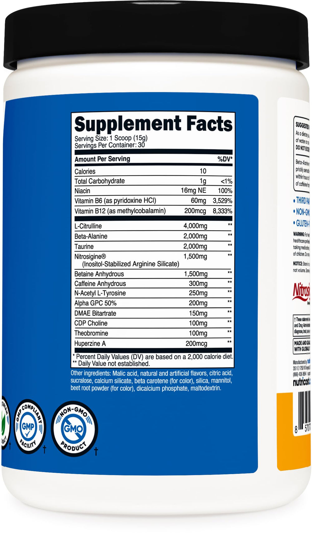 Close-up of Nutricost Pre-X Xtreme bottle label with vegetarian and gluten-free claims