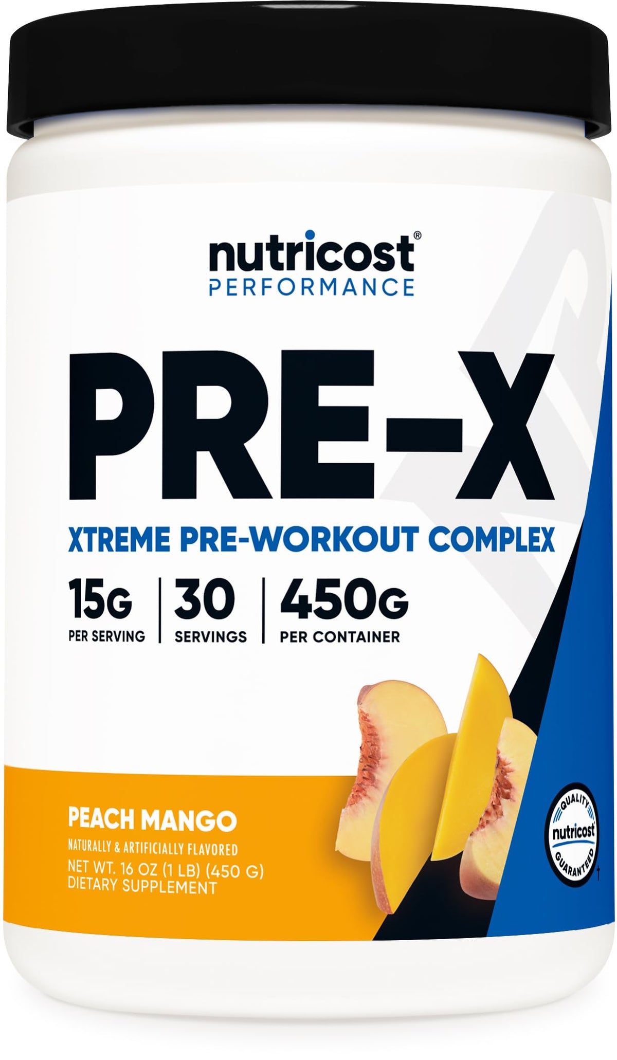 Nutricost Pre-X Xtreme Peach Mango tub showing flavor for workouts