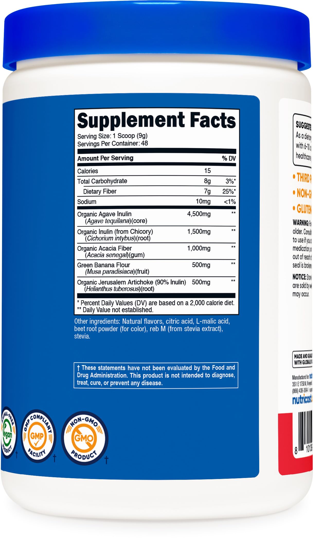 Nutricost nutrition label highlights 7 g of fiber per serving in a 1 lb container.