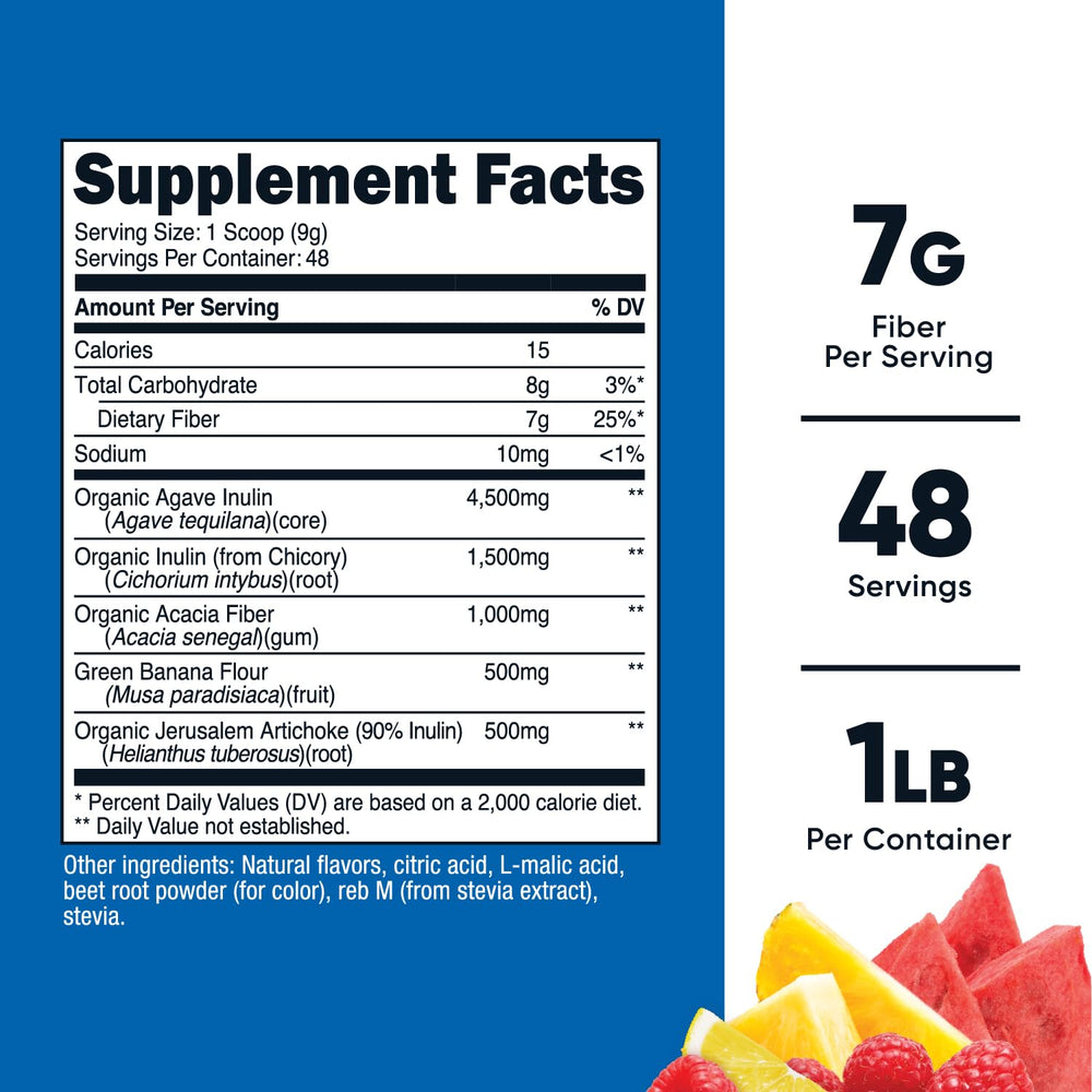 Nutricost prebiotic fiber powder scoop highlights 48 servings per container.