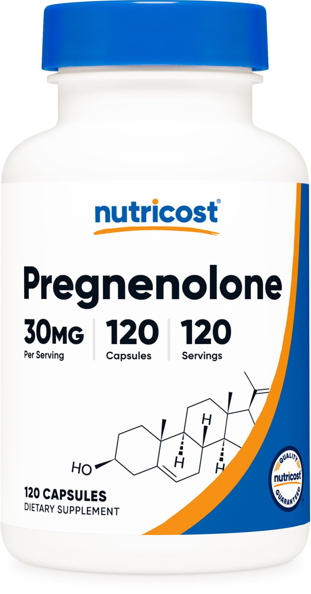 Nutricost Pregnenolone 30mg bottle with veggie capsules for daily wellness.